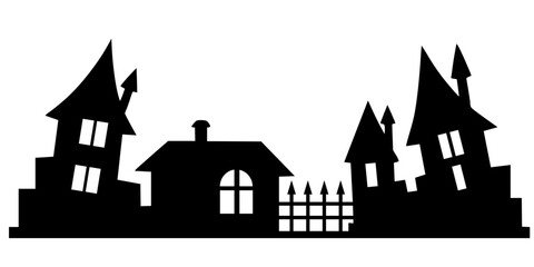 Obraz premium Black silhouette of crooked haunted houses with eerie roofs and windows, symbolizing Halloween mystery, fantasy, and gothic atmosphere in bold vector art.