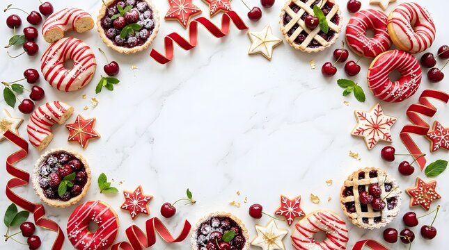 Festive christmas border with cherry tarts, donuts, and star cookies