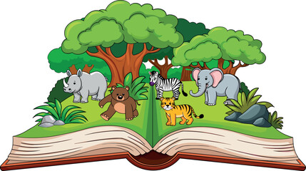  Open magic storybook vector illustration with cute jungle animals pop up pages for children fairytale book design