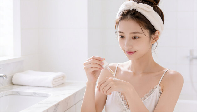 白を基調にした明るいバスルームでヘアバンドを付けてスキンケアをする若い女性の美容イメージ