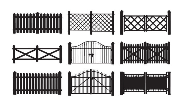 Set of black silhouette fences and gates. garden fence, wooden fence, metal gate elements.