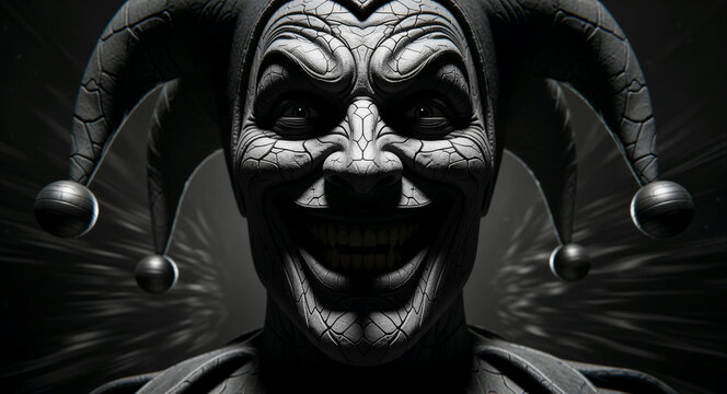 Sinister jester face with a wide grin and cracked texture. Monochromatic character wearing a three-pointed bell cap. Dark horror concept for Halloween, thriller posters, and gothic gaming art.