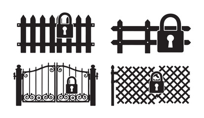Obraz premium Security fence silhouettes with padlock icons representing protection and private property.