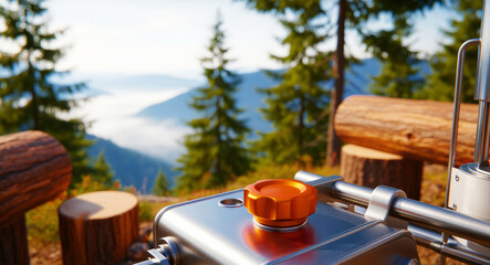 Fototapeta premium Industrial metal tank with orange cap in a mountain forest. Blurred background of pine trees and fog over valley with logs. Forestry equipment concept for industrial logging or energy campaigns.