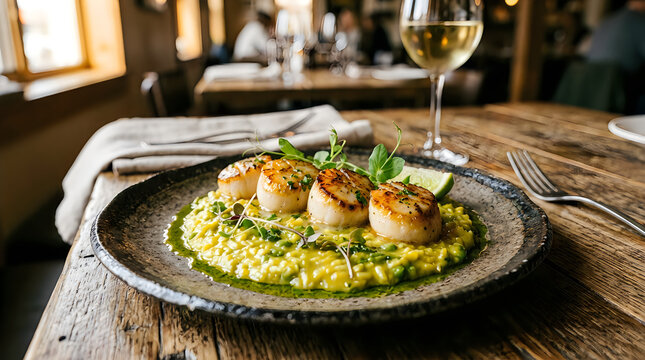 Scallops on risotto with herb sauce in a restaurant