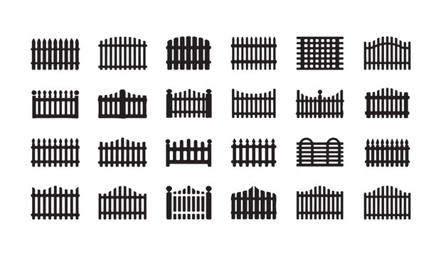 Set of various wooden fence silhouettes for garden boundary design and backyard security.
