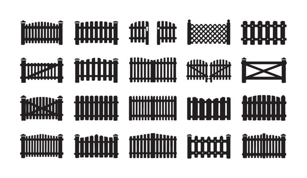 Black silhouette icons of garden gates and fence panels for residential exterior planning.