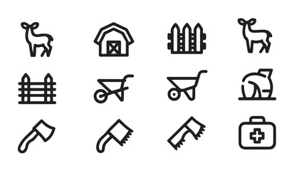 Farm and ranch icons set featuring animals barn tools and safety equipment. © MD.RAHIM