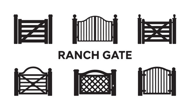 Set of six black ranch gate silhouette icons isolated on a bright white background design.