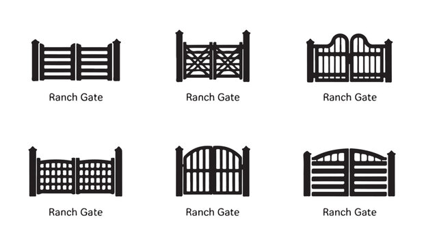 Set of black silhouette ranch gate vector icons with text labels, various designs.
