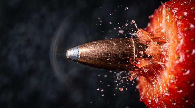 High-speed bullet impacting red fruit causing explosion of juice and fragments with explosion shooting velocity shrapnel splatter abstract