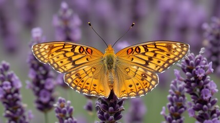 Fototapeta premium Orange and Black Butterfly Resting on Purple Lavender Flowers in Sunny Garden