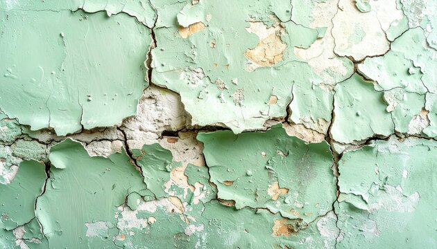 Peeling green paint texture on old wall, weathered cracked surface with chipped layers, abstract background for design projects