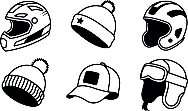 Winter sports headwear vector set with cartoon motorcycle helmet beanie hat and aviator goggles clipart
