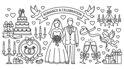 Fototapeta premium Wedding celebration elements with bridal couple cake rings doves and heart decorations.