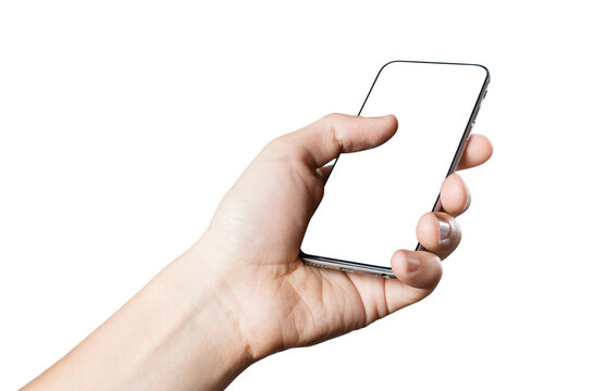 Smartphone held in one hand with blank screen, isolated on cutout transparent background