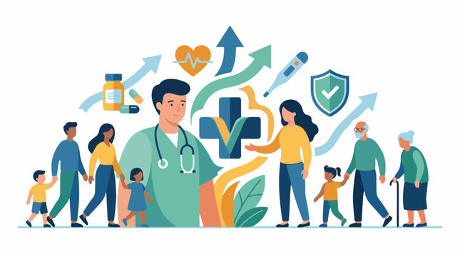 Diverse people guided by healthcare symbols and arrows showing progress