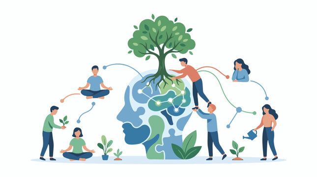 Diverse people nurture a tree growing from a brain symbolizing growth