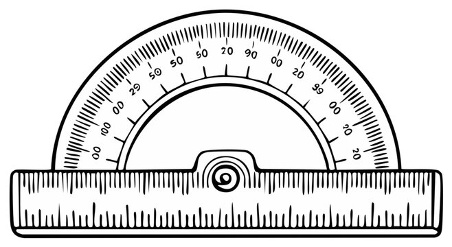 Protractor Illustration Black and White Drawing of Geometry Tool for Measuring Angles with Ruler Markings and Semi Circle Shape