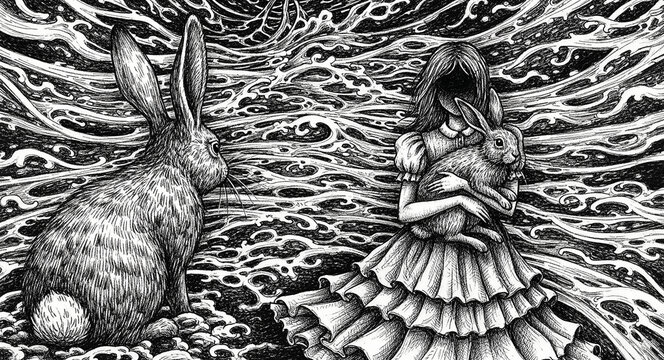 Faceless girl in Victorian dress holding a rabbit beside a large hare. Detailed ink drawing with surreal swirls and gothic fantasy elements. Dark fairytale concept for book covers and editorial art.