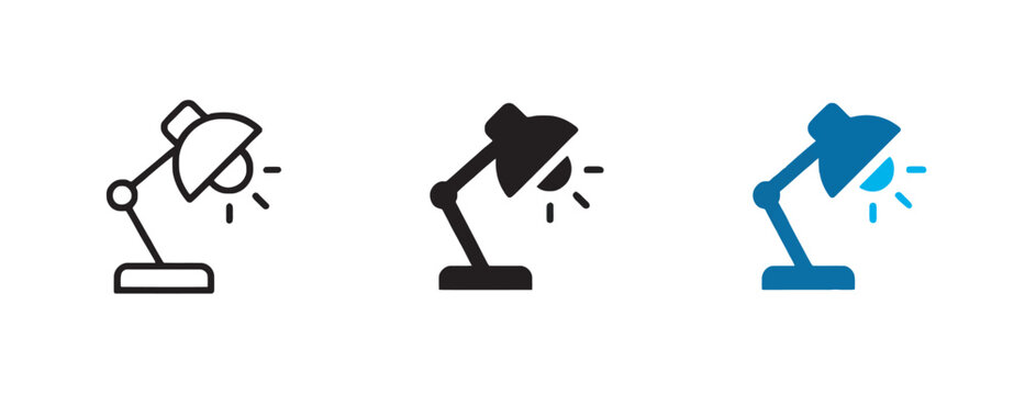 Collection of three desk lamp icons featuring outline, solid, and blue colored vector designs