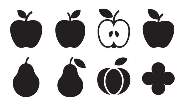 Set of black fruit icons featuring apples pears and abstract shapes for culinary graphics.