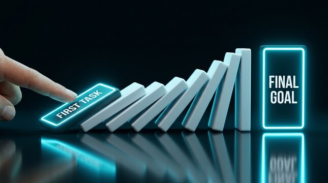 Human finger pushing a domino tile labeled first task toward a final goal block