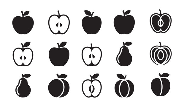 Fruit silhouette collection including sliced apples pears and peaches on white background.
