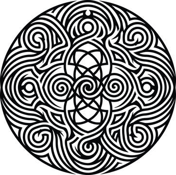 Black and white circular celtic knot pattern, abstract circle