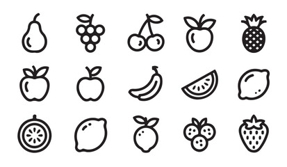 Outline fruit icon set. pear, grapes, cherry, apple, banana, watermelon, lemon, orange, berries. © VANU