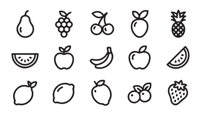 Diverse fruit outline icon set including pineapple apple banana lemon and berry symbols. © VANU