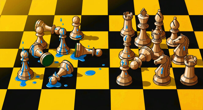 Crying chess pieces scattered on yellow and black board. Graphic illustration depicting defeated pawns with blue tears. Emotional burnout and failure concept for mental health awareness.