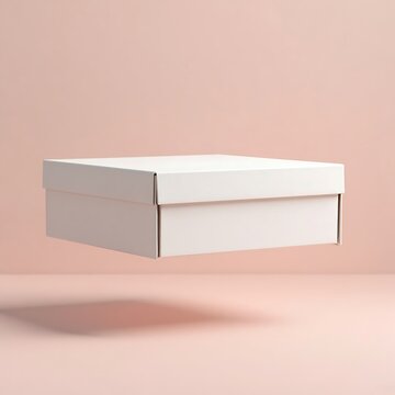 Floating white shoebox suspended in a soft pink studio setting.