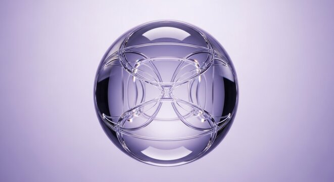 Decorative crystal sphere with geometric patterns on purple background.