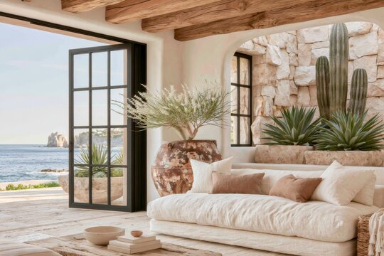 Mexican coastal villa indoor outdoor living zone featuring a spacious lounge area with natural light, stone walls, and ocean views through large glass doors