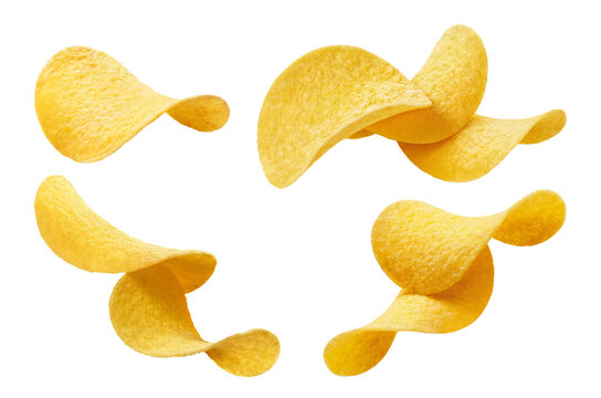 Set of flying crispy potato chips, isolated on transparent cutout background