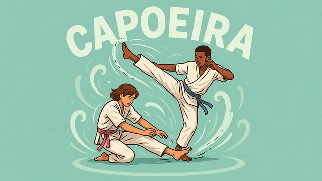 Capoeira martial arts illustration showing two athletes performing dynamic kicks with capoeira athletes exercise