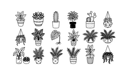 Fototapeta premium Minimalist Hand Drawn Houseplant Clipart Vector Set with Cozy Home Botanical Doodles