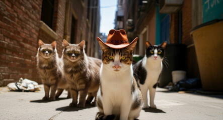 Cat wearing cowboy hat leads a feline gang in an urban alley. Stray cats look tough in a cinematic city street scene. Funny pet concept for humorous ads and creative storytelling.