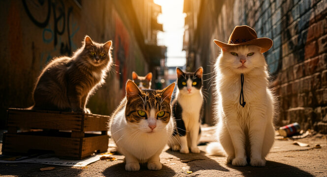 Group of cats sitting in a sunlit urban alleyway. A white cat wears a brown cowboy hat leading a feline gang. Urban stray animal concept, ideal for humorous pet advertising and storytelling.
