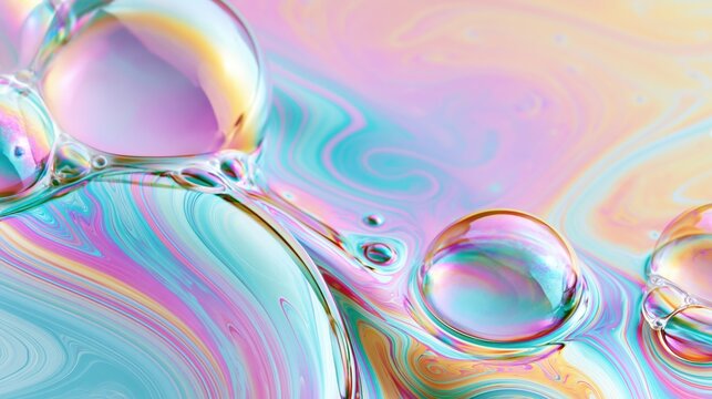 Smooth iridescent soap-bubble gradients swirling in pastel holographic tones forming a dreamy abstract background with copy space