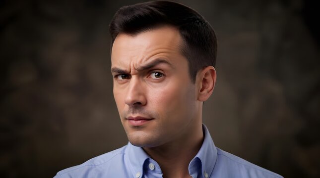 Portrait of a handsome young man looking skeptical and suspicious at the camera.