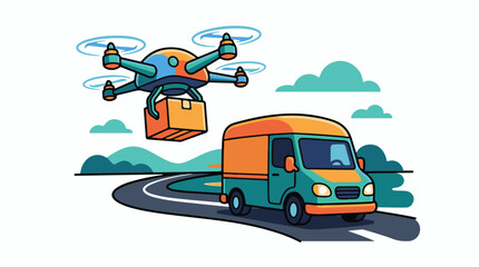 Naklejka premium Drone delivers package to van on road Hills clouds and landscape
