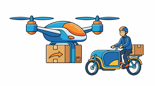 Drone delivers package while courier on scooter follows