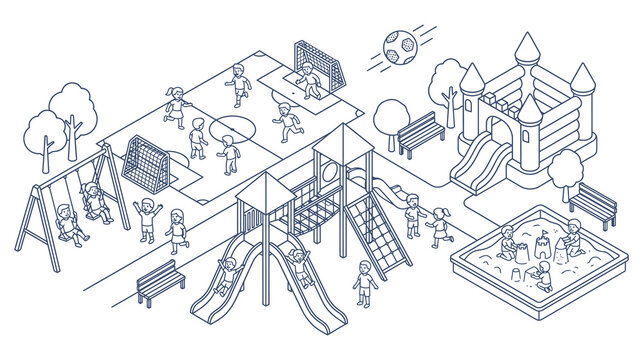 Isometric children playground outline, kid play area with slide, swing and sandbox.