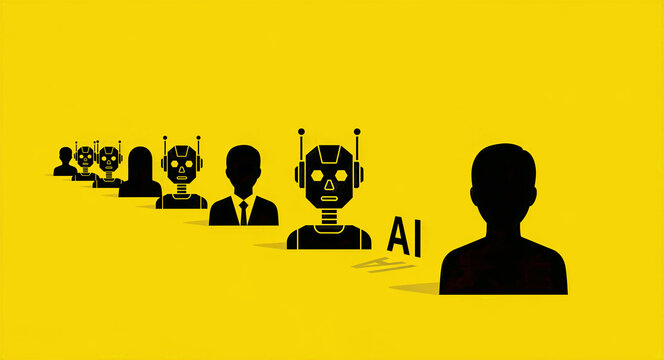 Human and robot silhouettes in a row on yellow background. Flat vector icons illustrating automation and workforce integration. Future of work concept ideal for technology and business content.