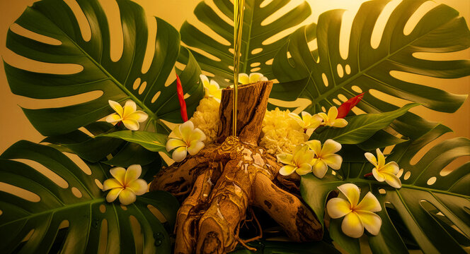 Golden essential oil pouring onto a weathered tree root with tropical flowers. Monstera leaves and plumeria frame this organic aromatherapy scene. Luxury spa concept, ideal for beauty branding.