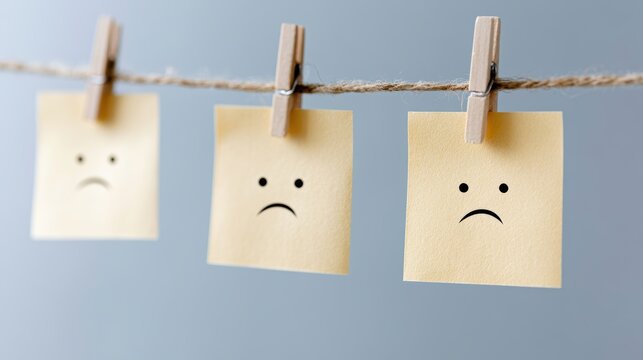 hanging paper notes with sad faces, mental health emotional expression theme