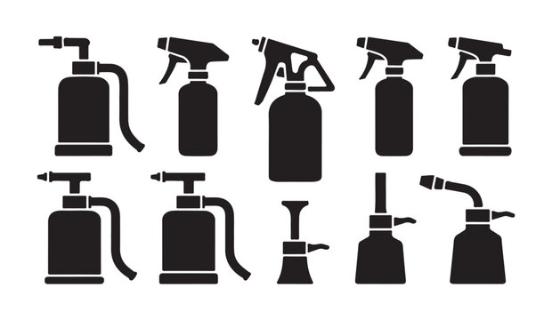 Spray bottle solid icon set on white background, diverse spray bottle symbols.