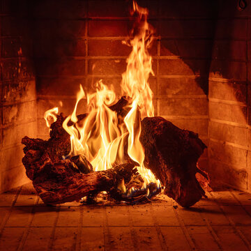 Fireplace burning wood logs. Cozy warm home in winter, Christmas holiday bonfire. Fire flames